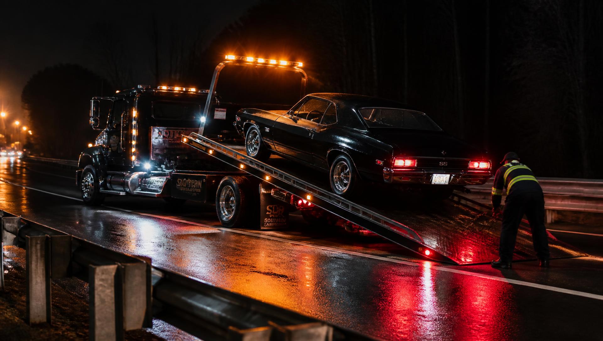 Seaco Towing tilt tray loading a classic car at night